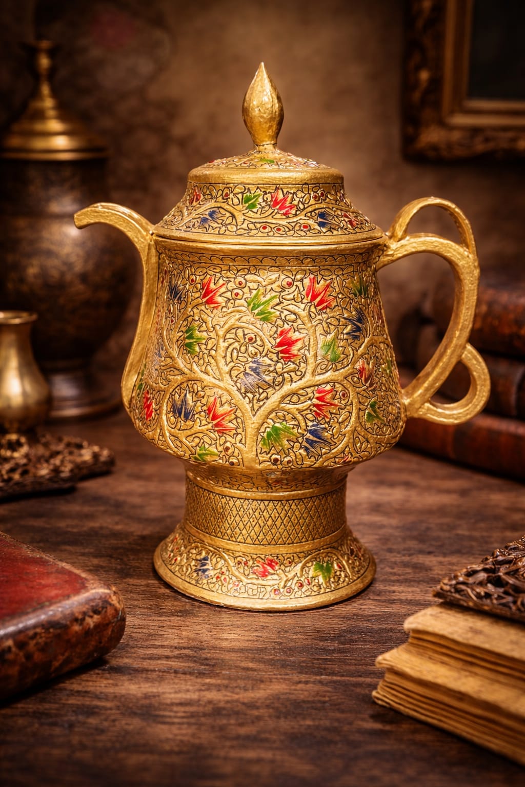 Handmade Kashmiri paper mache samavar with gold finish and hand-painted floral embosed pattern
